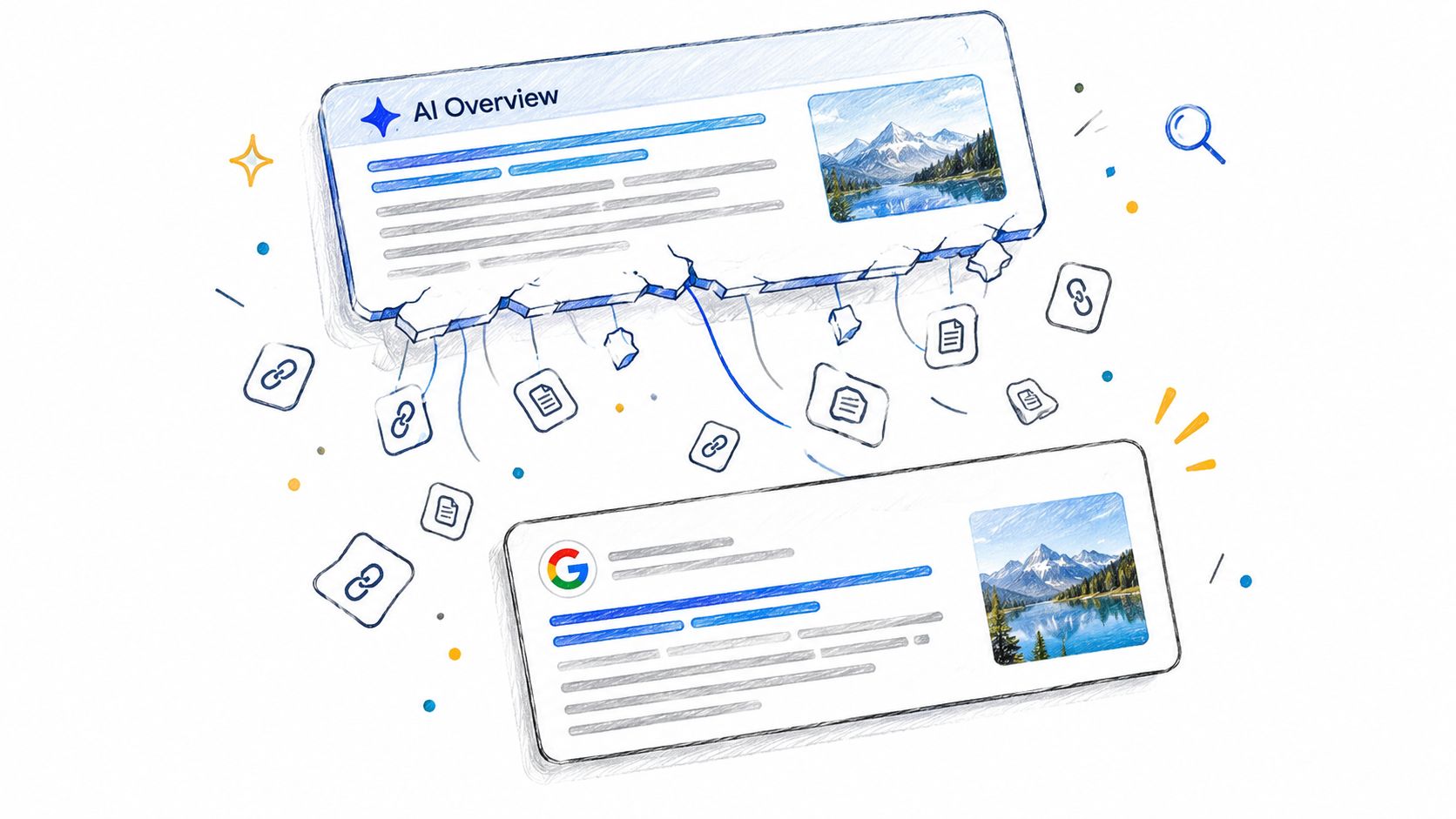 A conceptual illustration showing an AI Overview box breaking apart to reveal organic search results below.