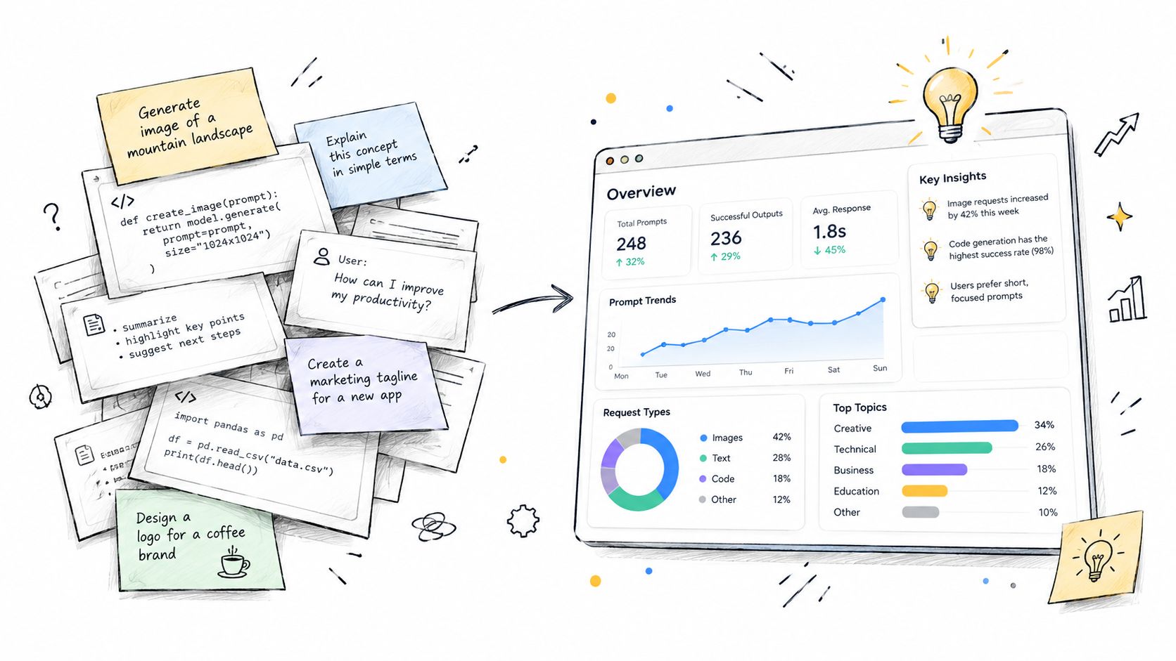 Prompt Management: Your Guide to AI Visibility Control 7 A conceptual diagram showing various user prompts being processed and analyzed into a comprehensive dashboard with insights.